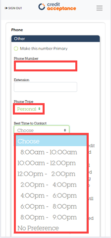 A screenshot of a phone registration form Description automatically generated