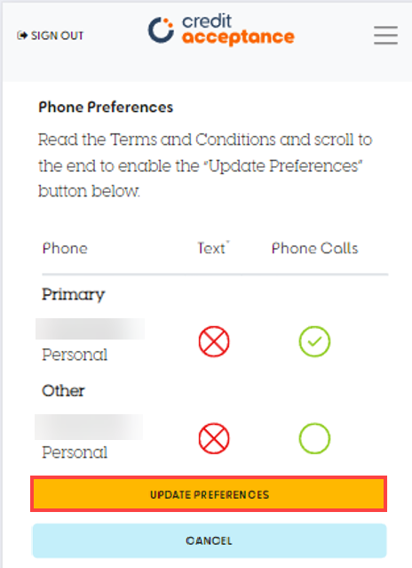 A screenshot of a phone preferences form Description automatically generated