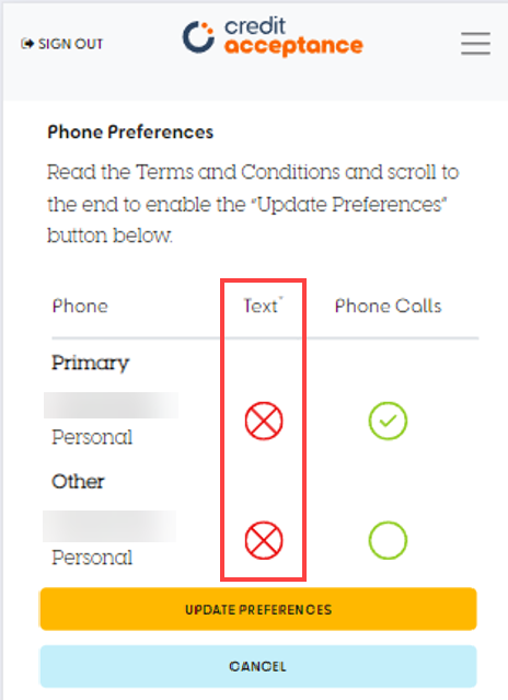 A screenshot of a phone preferences form Description automatically generated